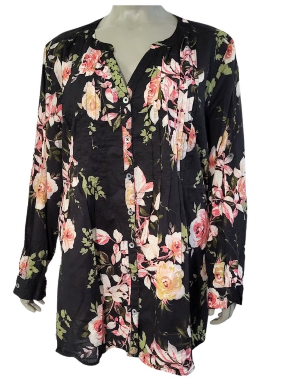 ROAMAN'S Black Rose Floral Pintuck Cotton Tunic Blouse - Women's Plus Size 28